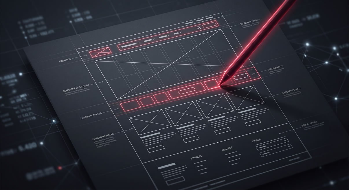 A detailed digital wireframe blueprint illustrating deliberate and clean custom website architecture.